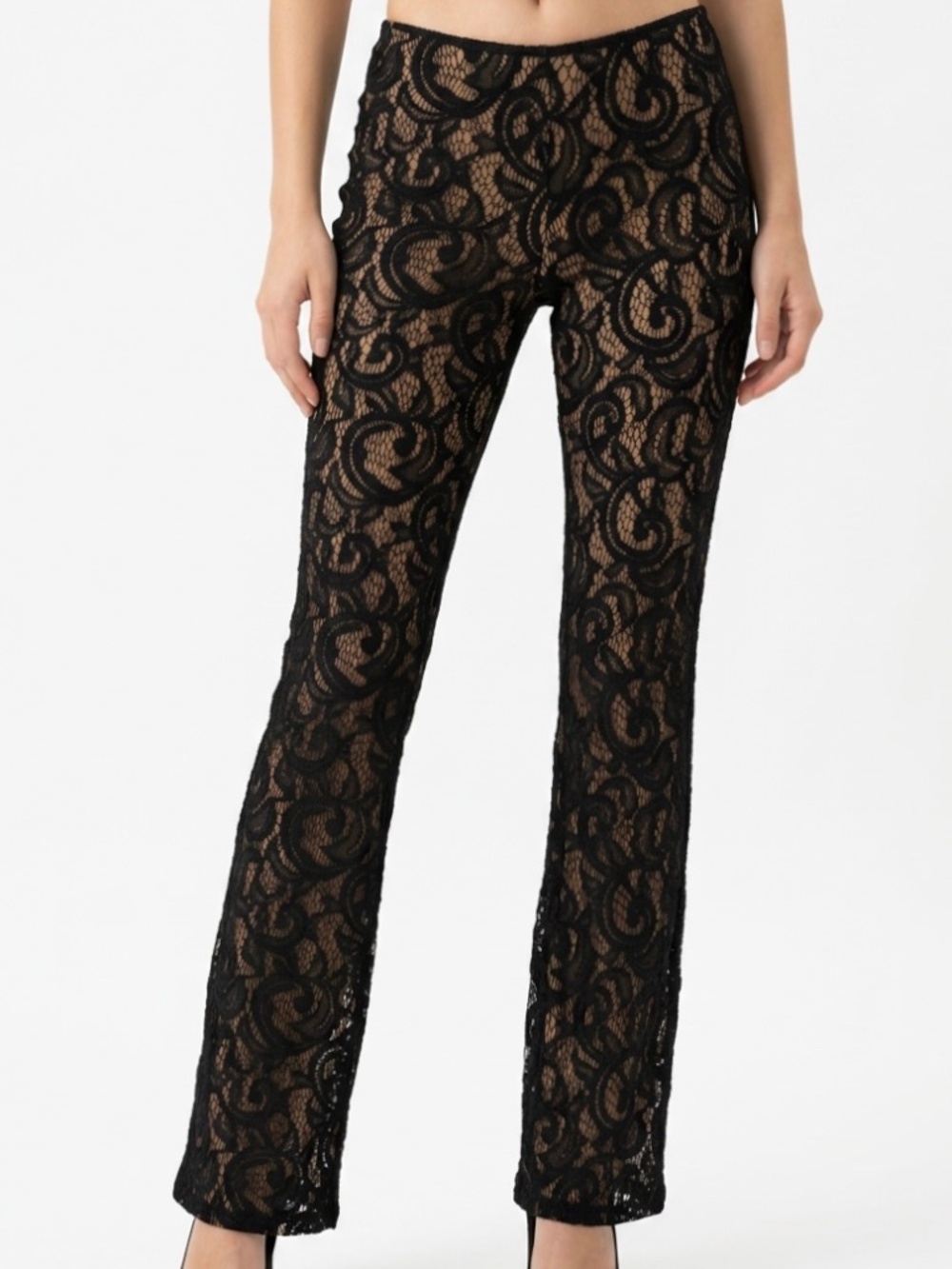 I.AM.GIA • Black Lace Nude Illusion Sheer Flare Pants XS L33